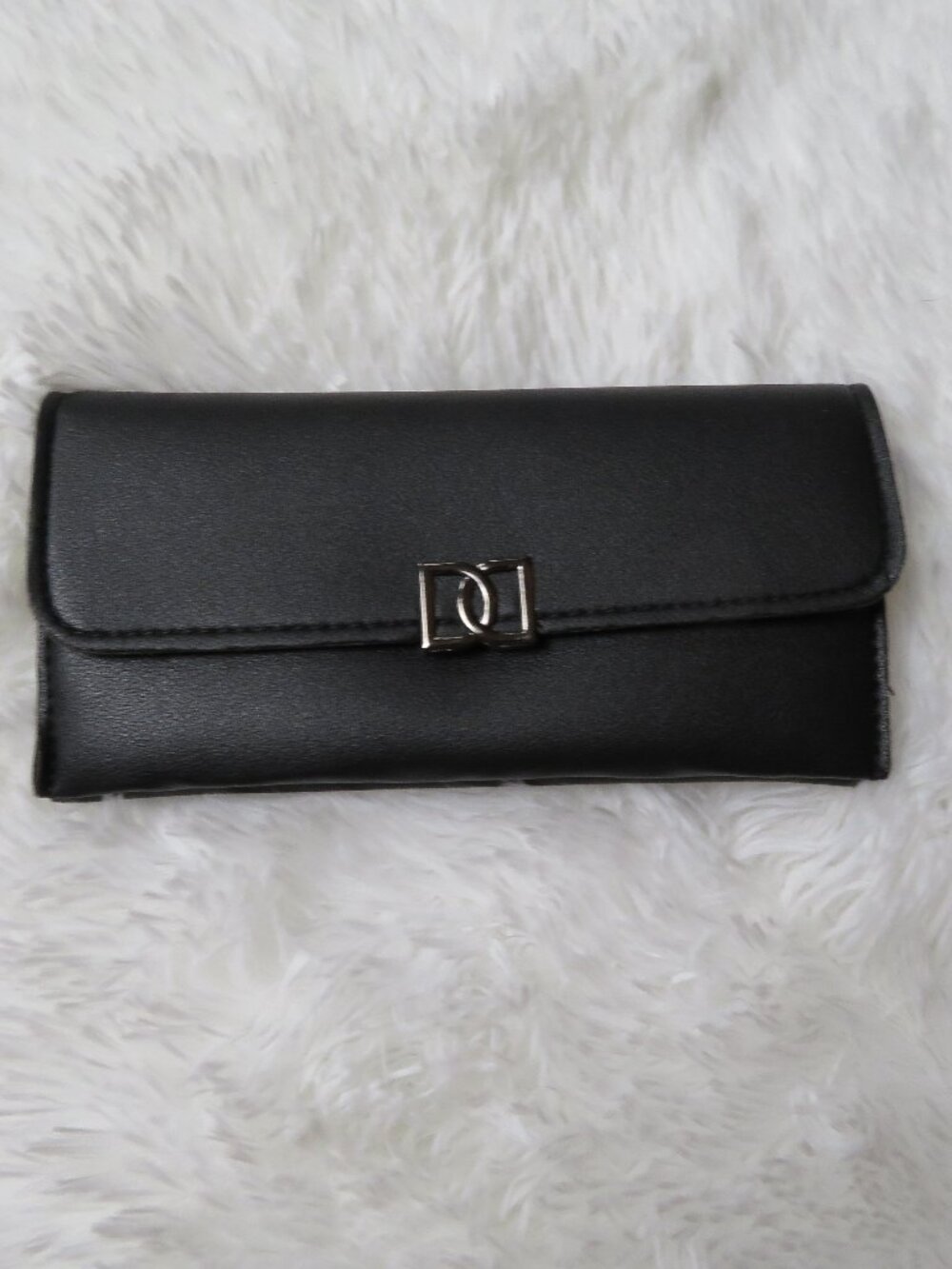 Ladies Wallet, Black Faux Leather, Snap Closure, 7.5" Length, 3.75" Height